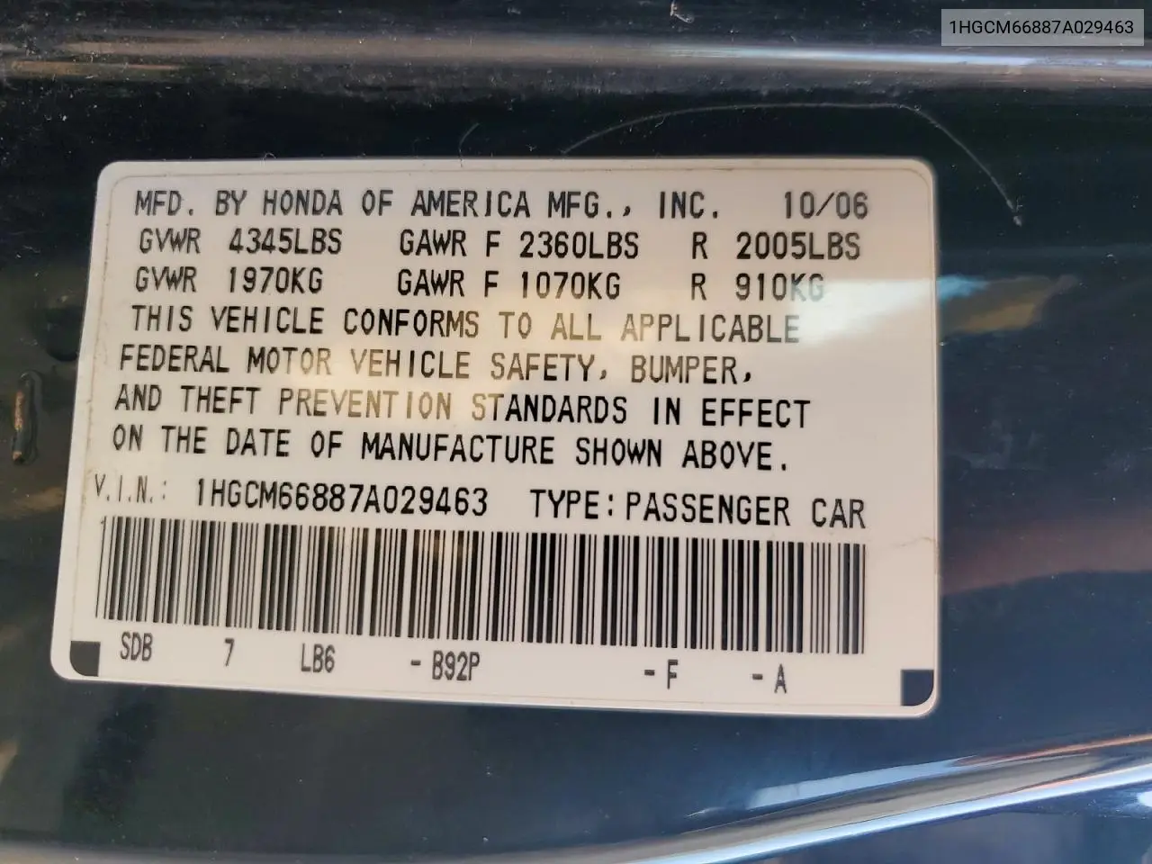 1HGCM66887A029463 2007 Honda Accord Ex