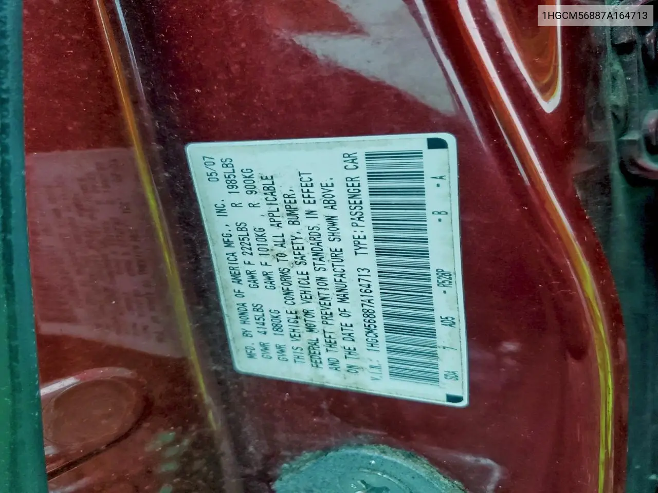 1HGCM56887A164713 2007 Honda Accord Ex