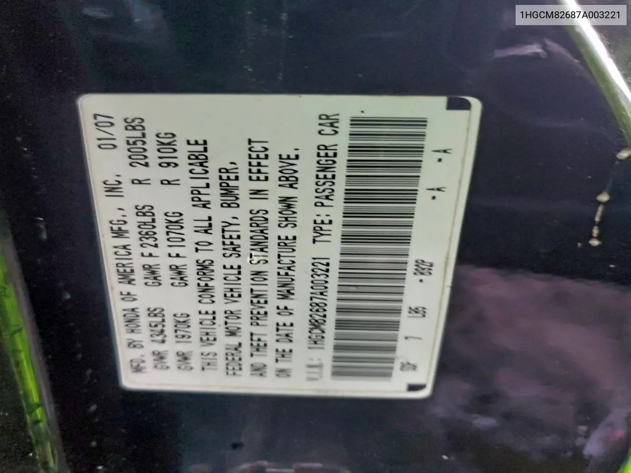 1HGCM82687A003221 2007 Honda Accord Ex