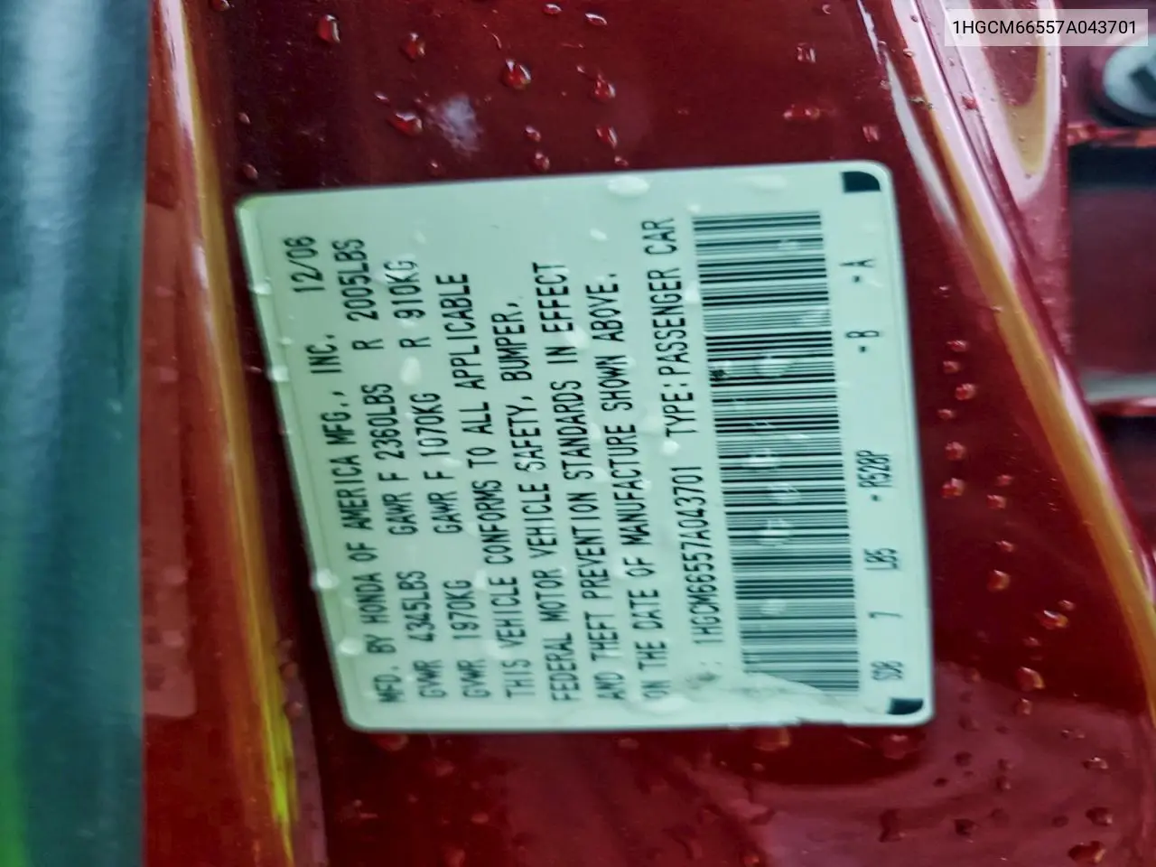 1HGCM66557A043701 2007 Honda Accord Ex