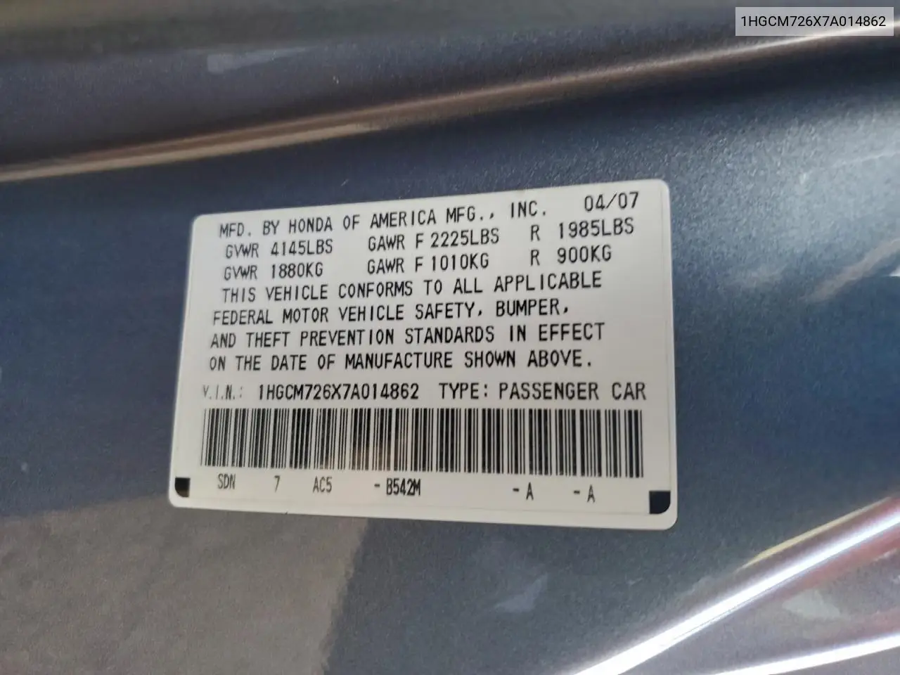 1HGCM726X7A014862 2007 Honda Accord Ex