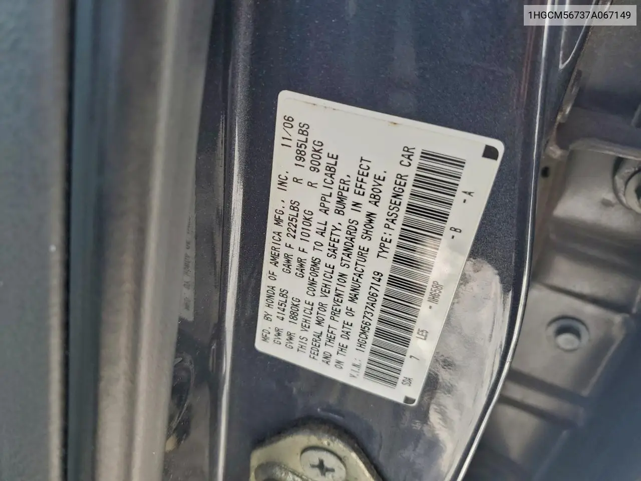 1HGCM56737A067149 2007 Honda Accord Ex