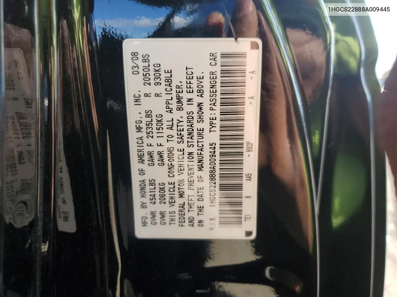 1HGCS22888A009445 2008 Honda Accord Exl