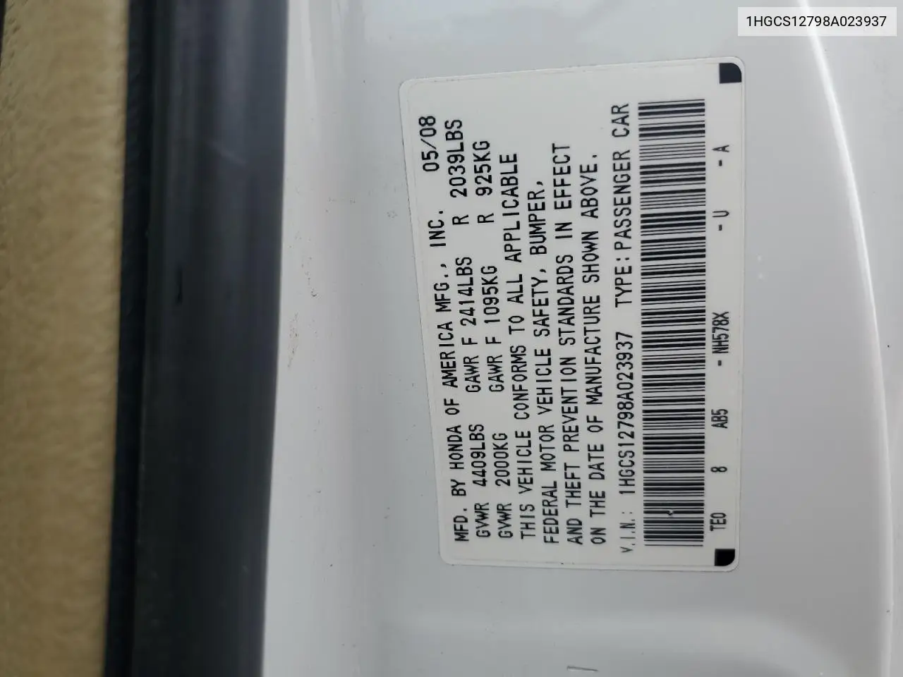 1HGCS12798A023937 2008 Honda Accord Ex