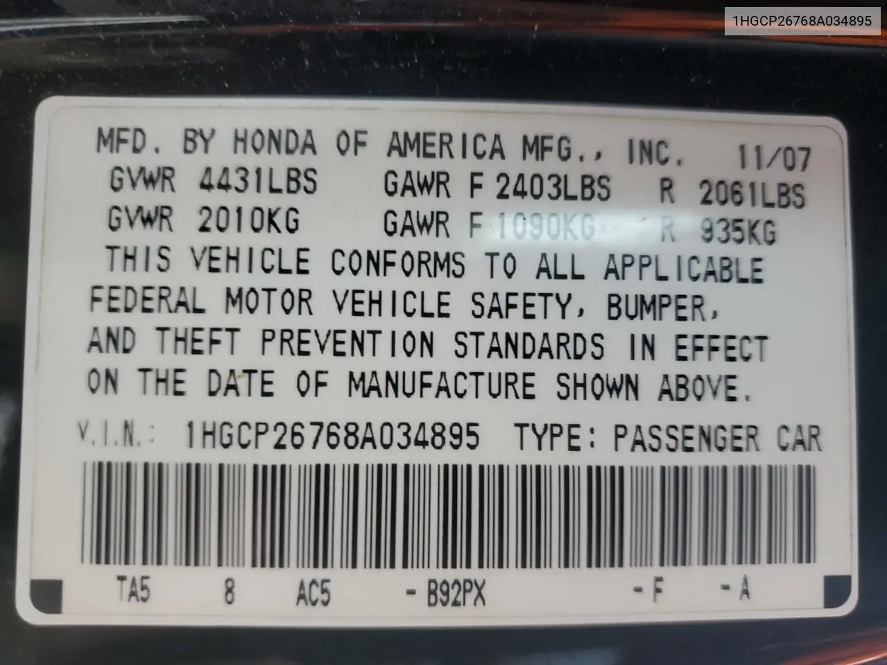 1HGCP26768A034895 2008 Honda Accord Ex