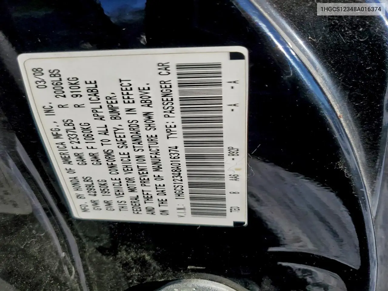 1HGCS12348A016374 2008 Honda Accord Lx-S