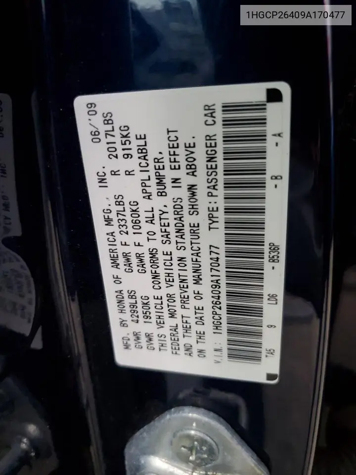 1HGCP26409A170477 2009 Honda Accord Lxp