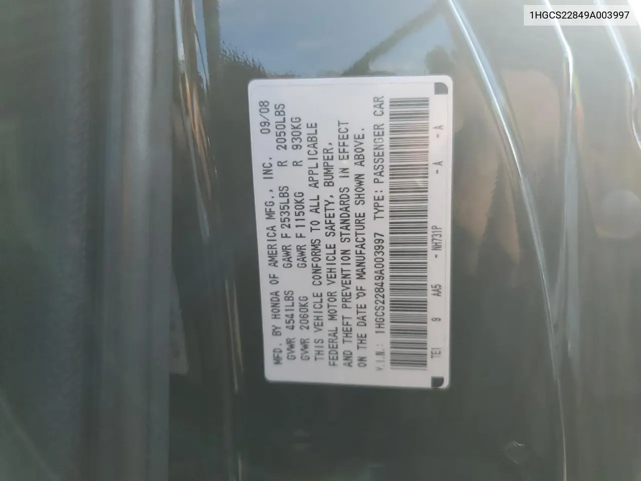 1HGCS22849A003997 2009 Honda Accord Exl