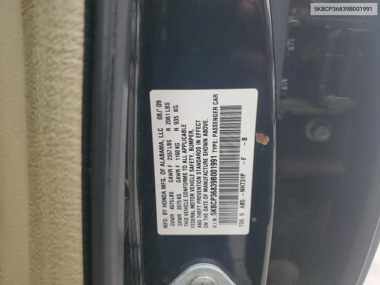 5KBCP36839B001991 2009 Honda Accord Exl