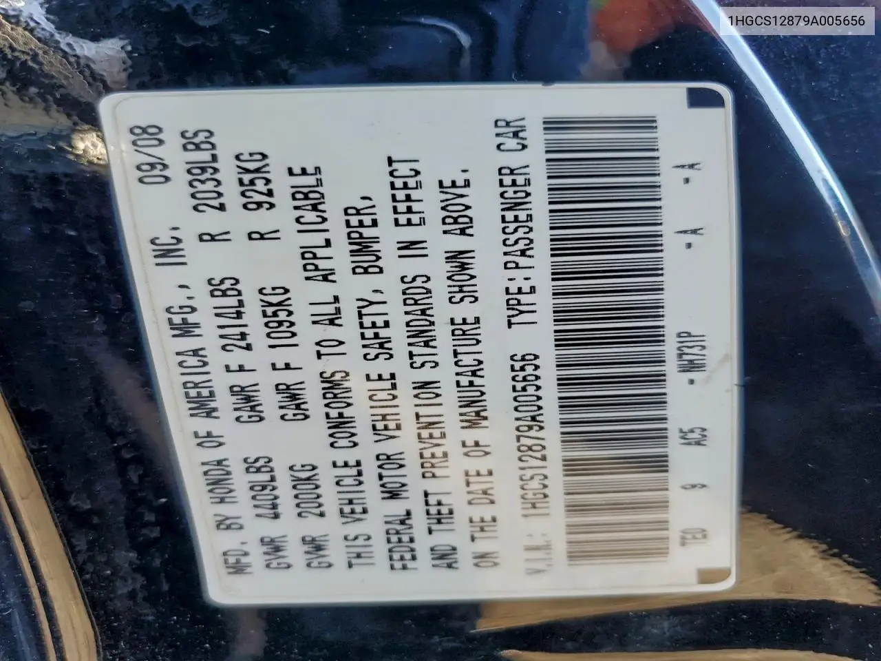 1HGCS12879A005656 2009 Honda Accord Exl