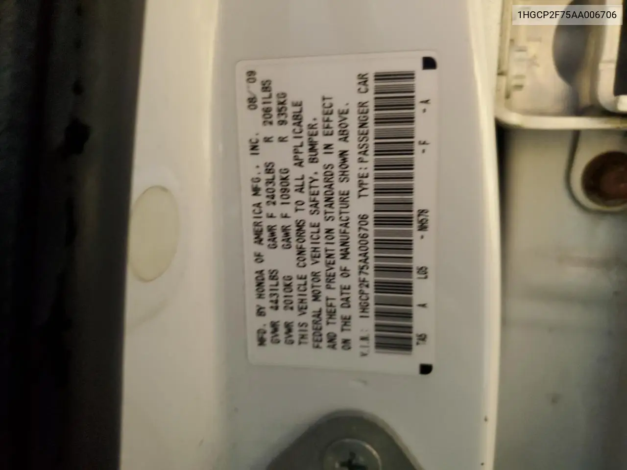 1HGCP2F75AA006706 2010 Honda Accord