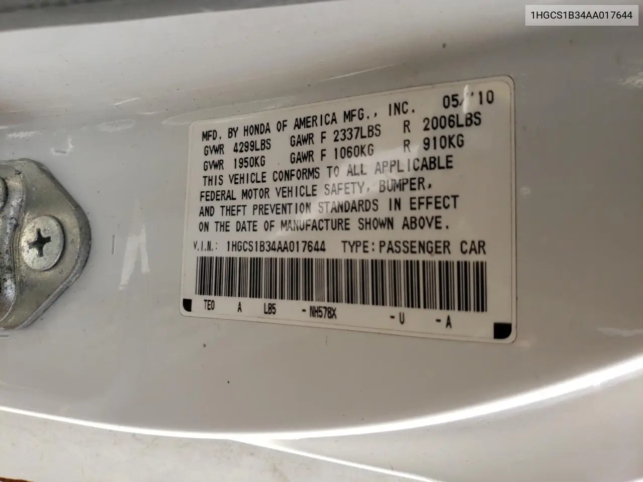 1HGCS1B34AA017644 2010 Honda Accord