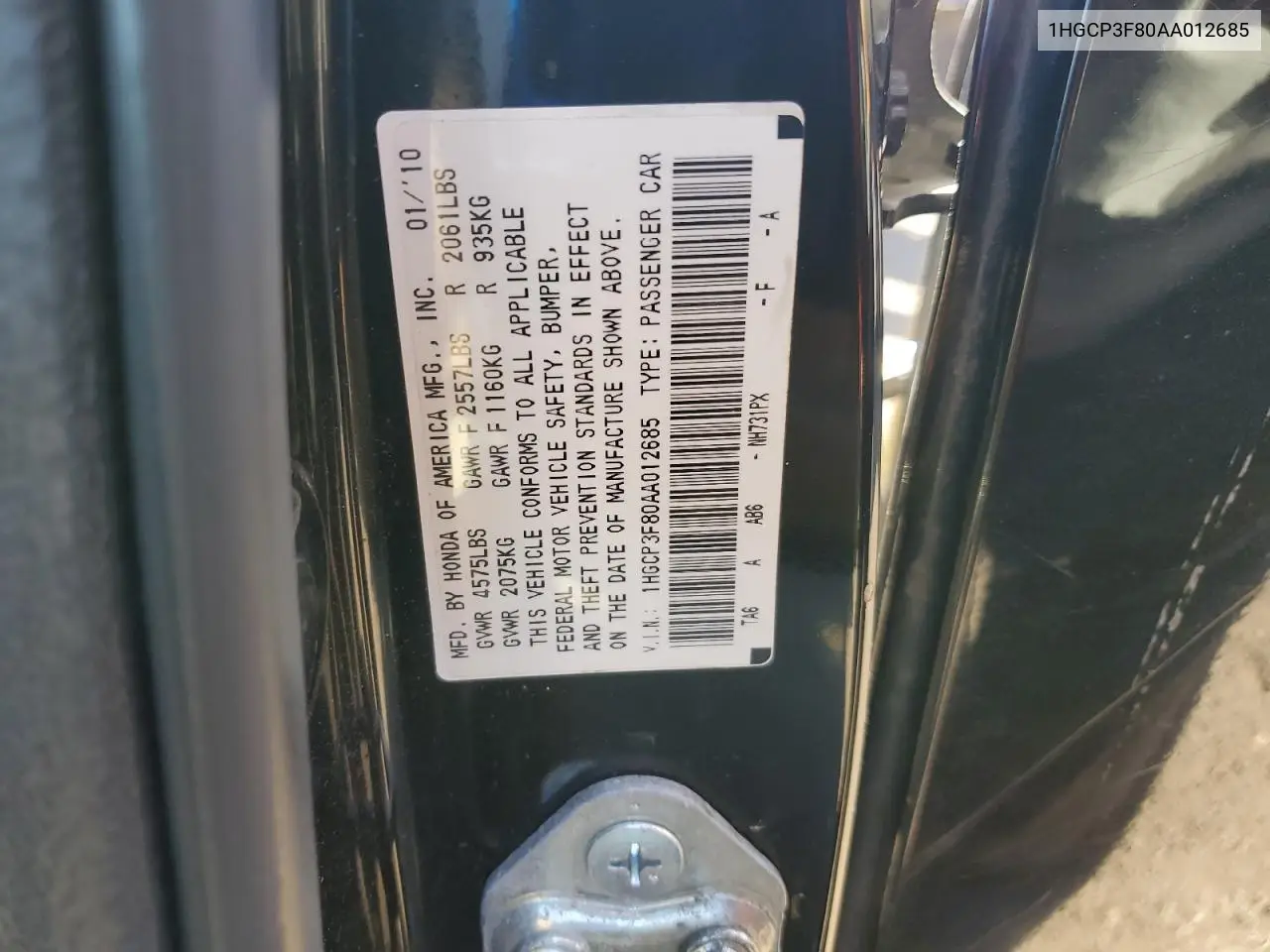 1HGCP3F80AA012685 2010 Honda Accord Exl