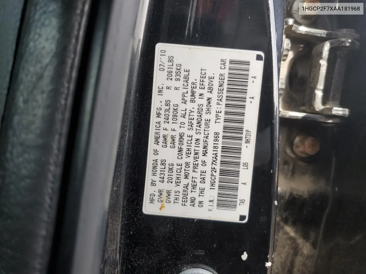 1HGCP2F7XAA181968 2010 Honda Accord Ex
