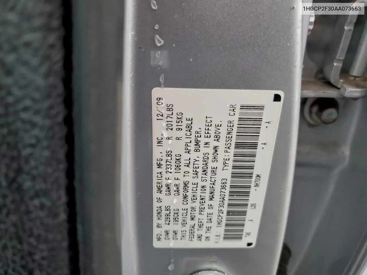 1HGCP2F30AA073663 2010 Honda Accord Lx