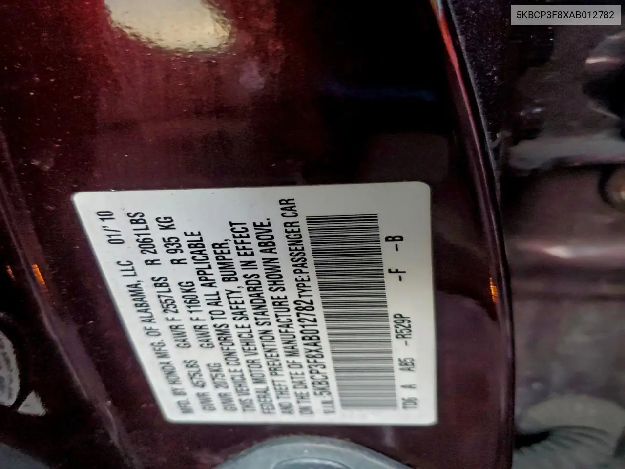 5KBCP3F8XAB012782 2010 Honda Accord Exl