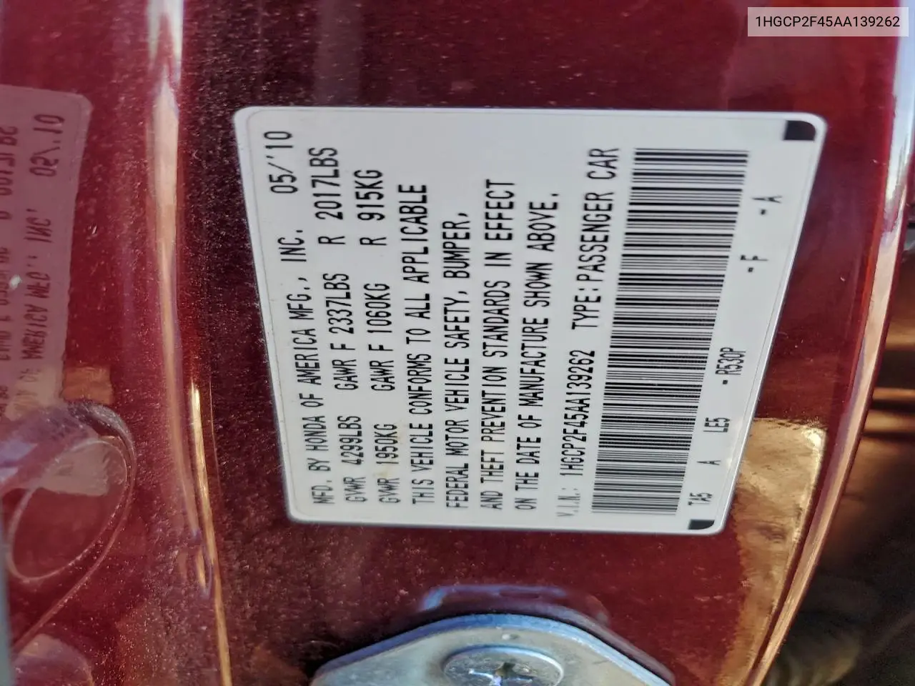 1HGCP2F45AA139262 2010 Honda Accord Lxp