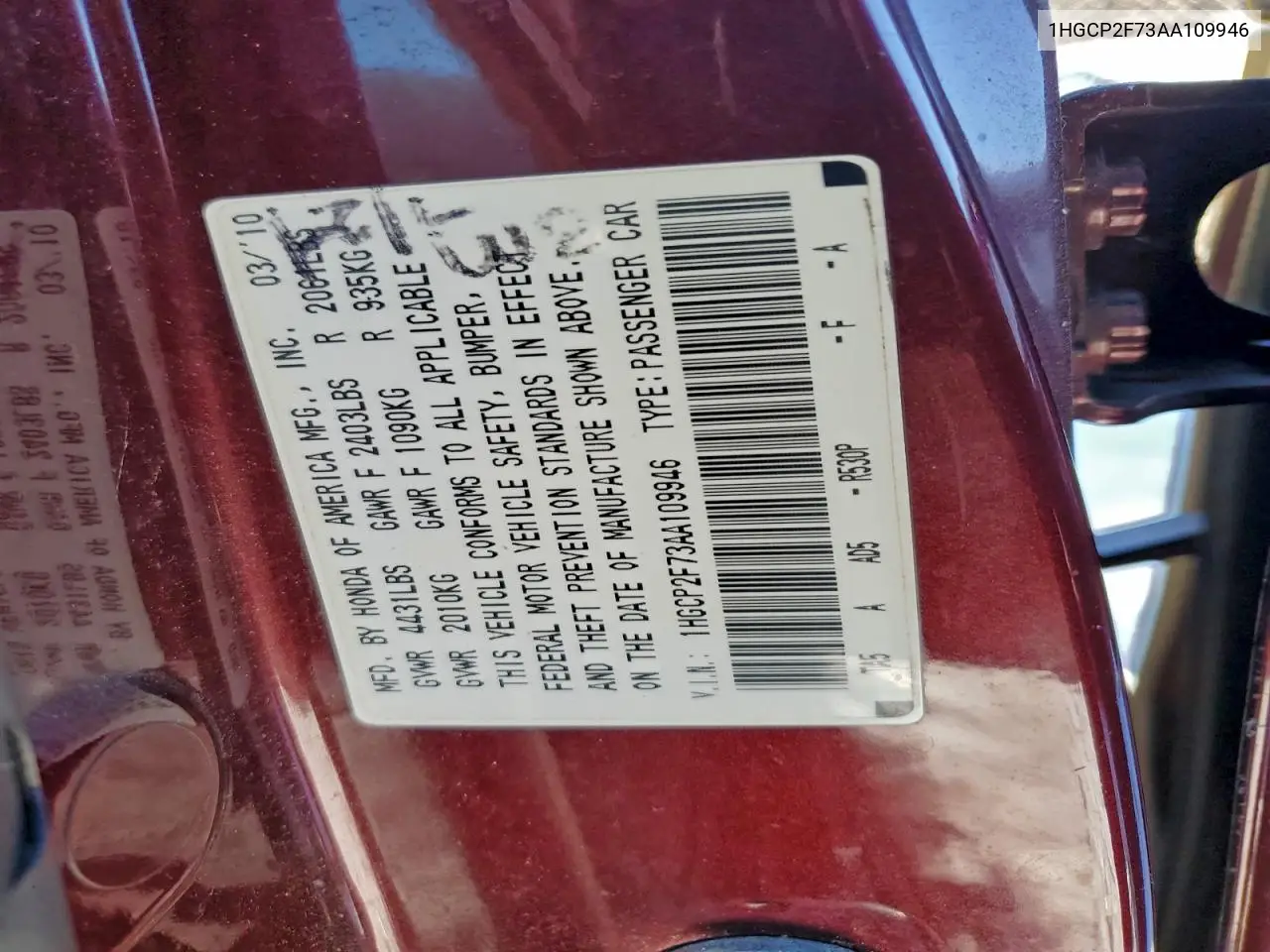 1HGCP2F73AA109946 2010 Honda Accord Ex
