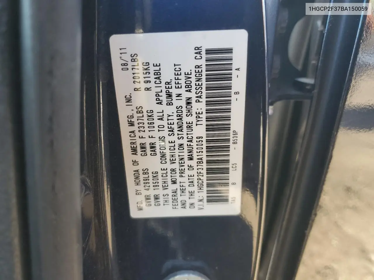 1HGCP2F37BA150059 2011 Honda Accord Lx