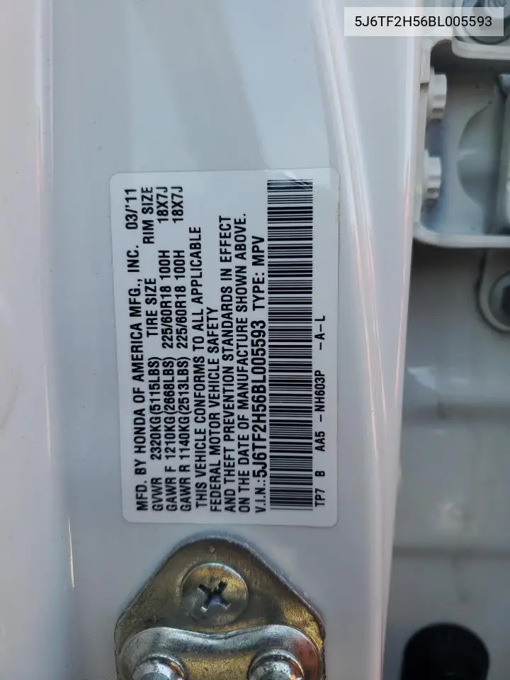 5J6TF2H56BL005593 2011 Honda Accord Crosstour Exl