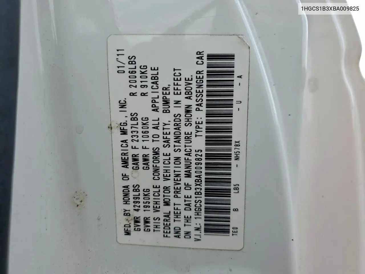 1HGCS1B3XBA009825 2011 Honda Accord Lx-S