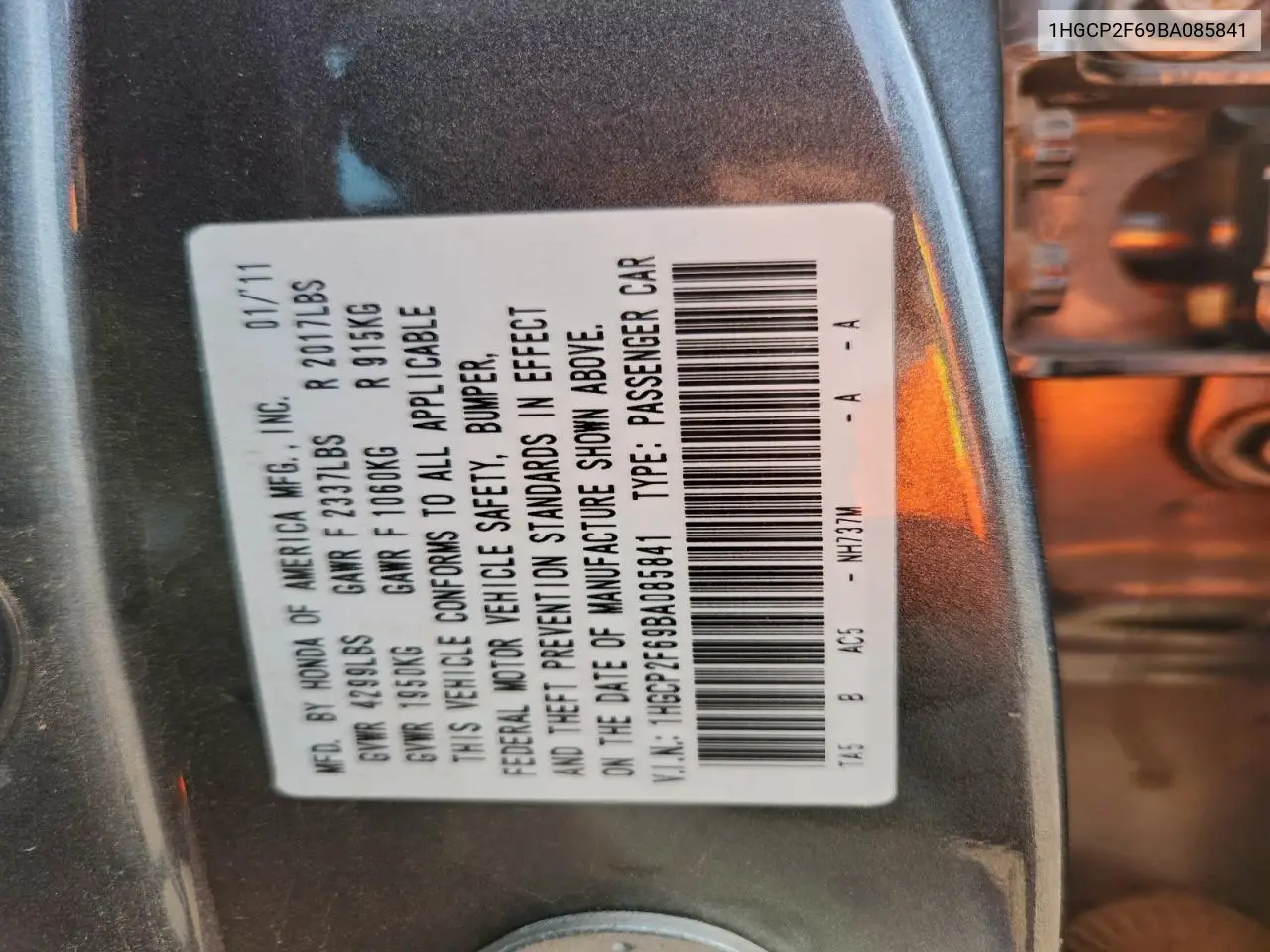 1HGCP2F69BA085841 2011 Honda Accord Se
