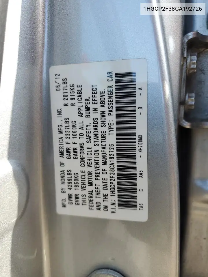 1HGCP2F38CA192726 2012 Honda Accord Lx