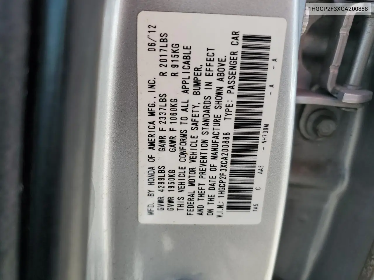 1HGCP2F3XCA200888 2012 Honda Accord Lx