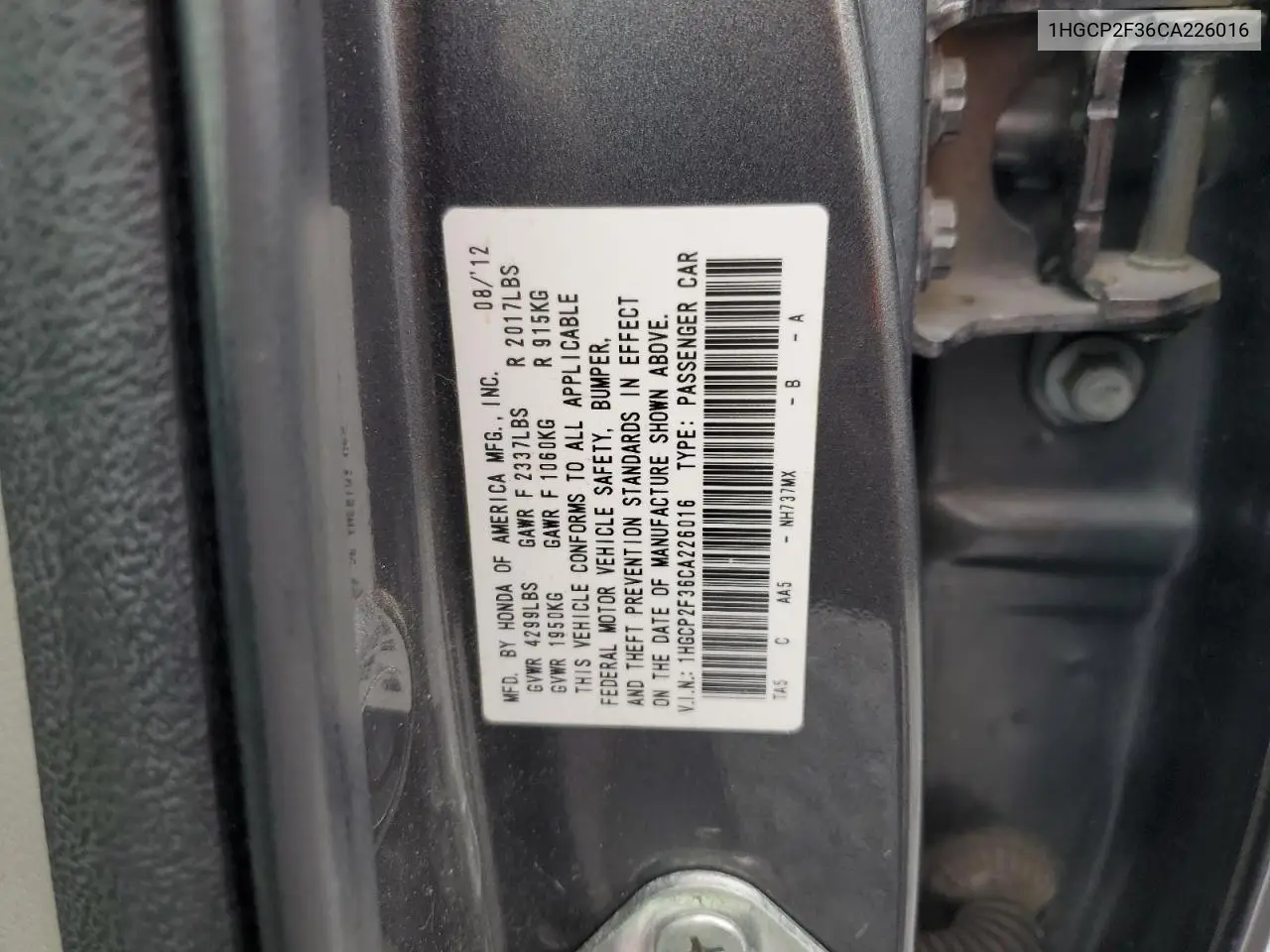 1HGCP2F36CA226016 2012 Honda Accord Lx