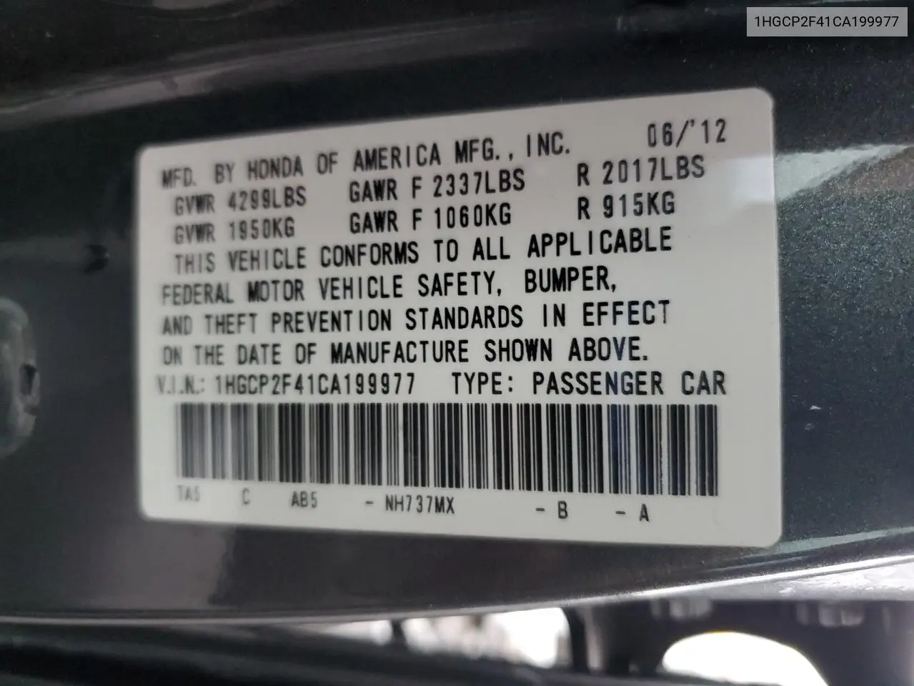 1HGCP2F41CA199977 2012 Honda Accord Lxp