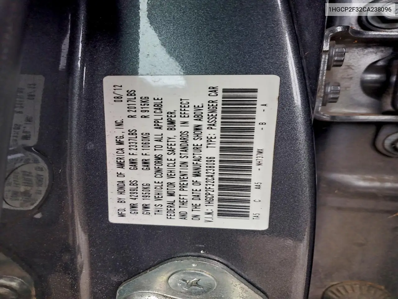1HGCP2F32CA238096 2012 Honda Accord Lx