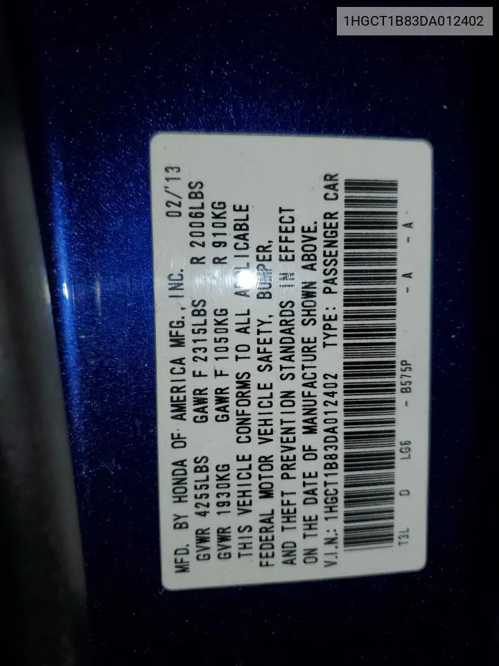 1HGCT1B83DA012402 2013 Honda Accord Exl