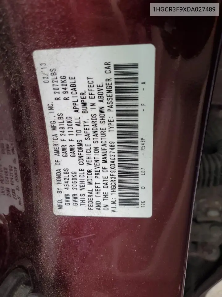 1HGCR3F9XDA027489 2013 Honda Accord Touring