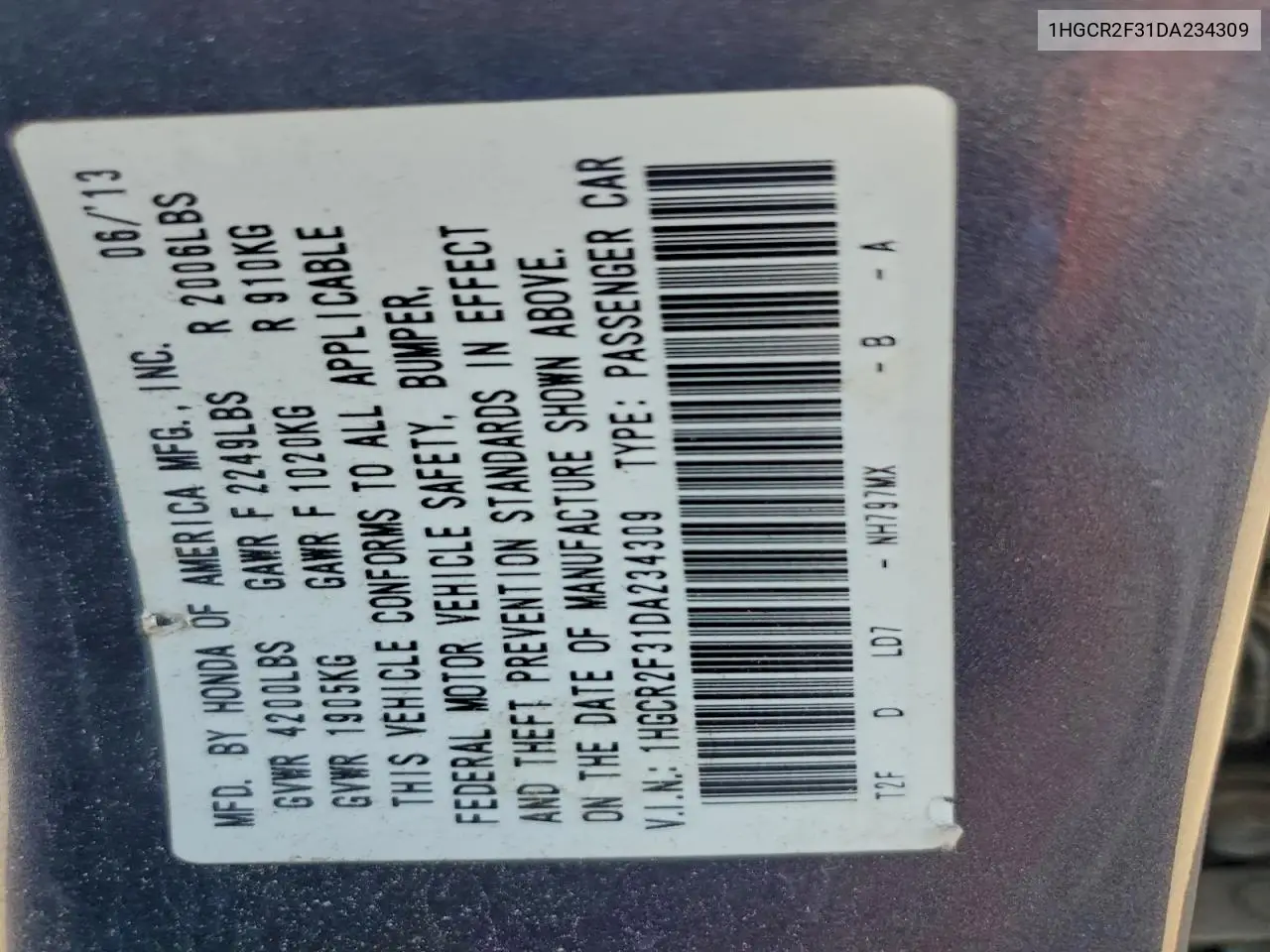 1HGCR2F31DA234309 2013 Honda Accord Lx