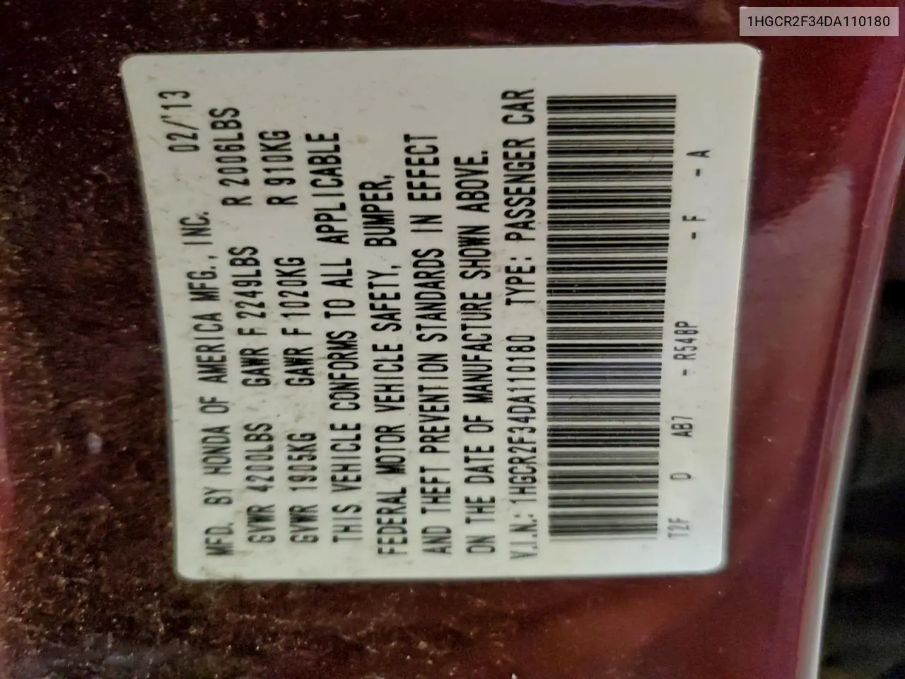 1HGCR2F34DA110180 2013 Honda Accord Lx