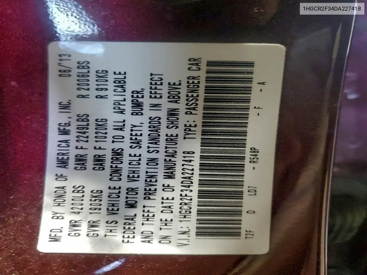 1HGCR2F34DA227418 2013 Honda Accord Lx