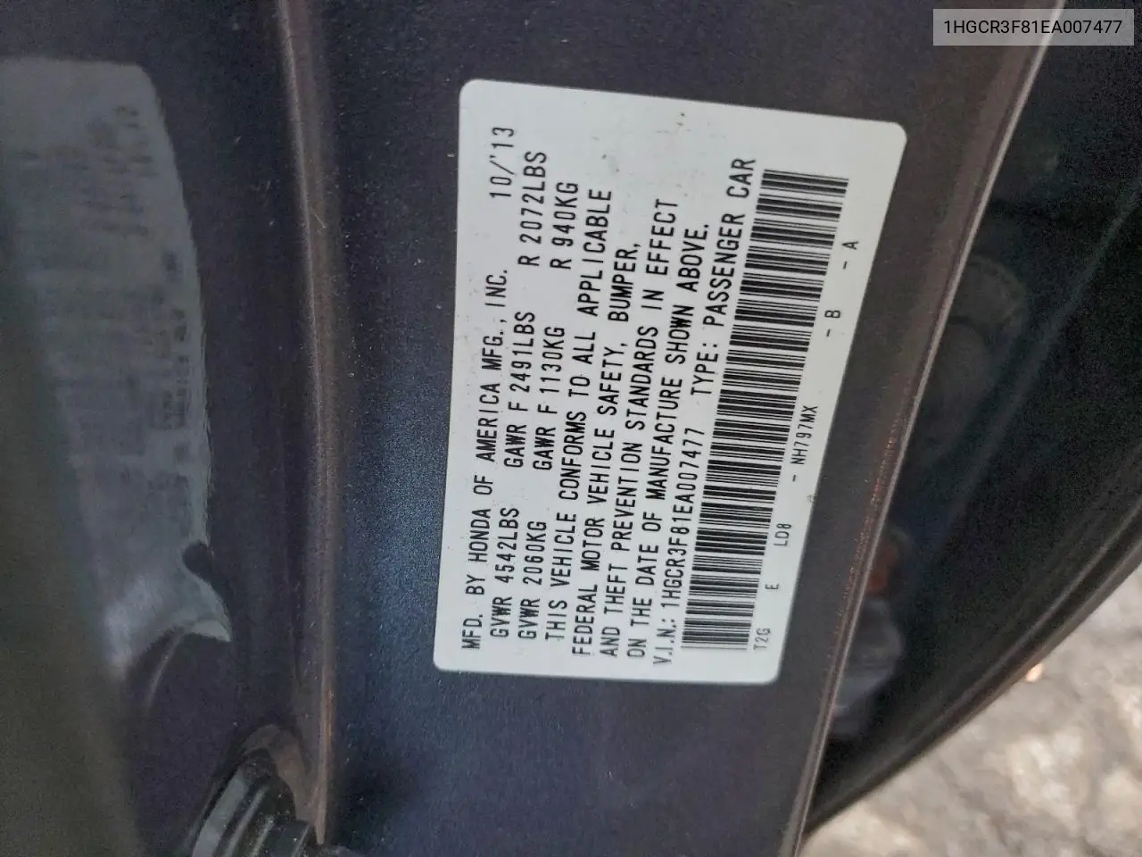 1HGCR3F81EA007477 2014 Honda Accord Exl