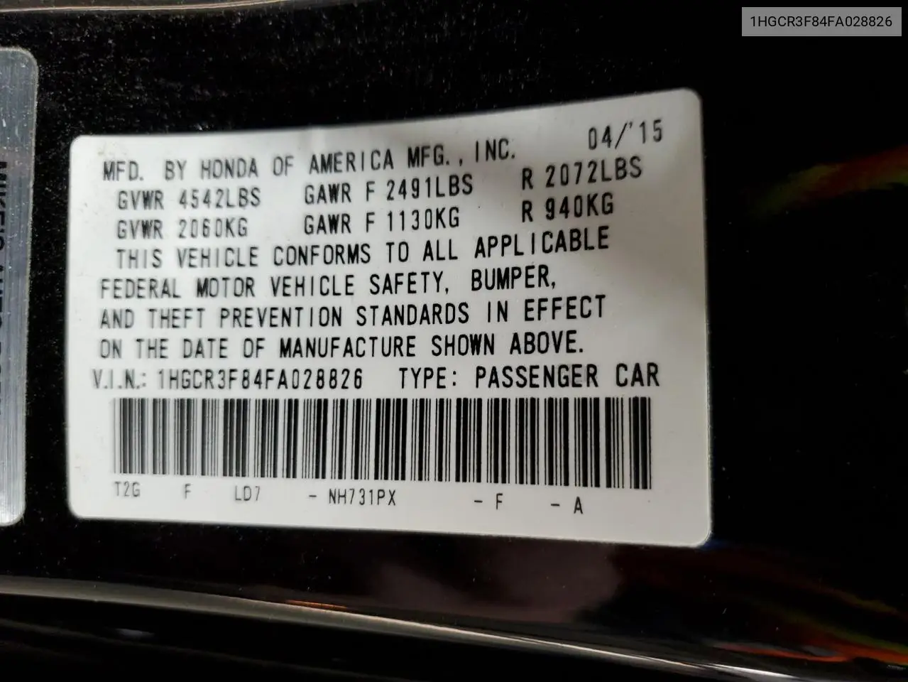 1HGCR3F84FA028826 2015 Honda Accord Exl
