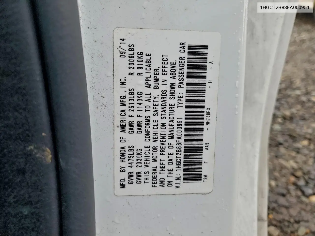 1HGCT2B88FA000951 2015 Honda Accord Exl