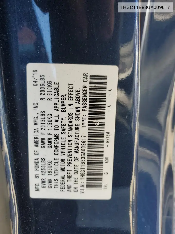 1HGCT1B83GA009617 2016 Honda Accord Exl