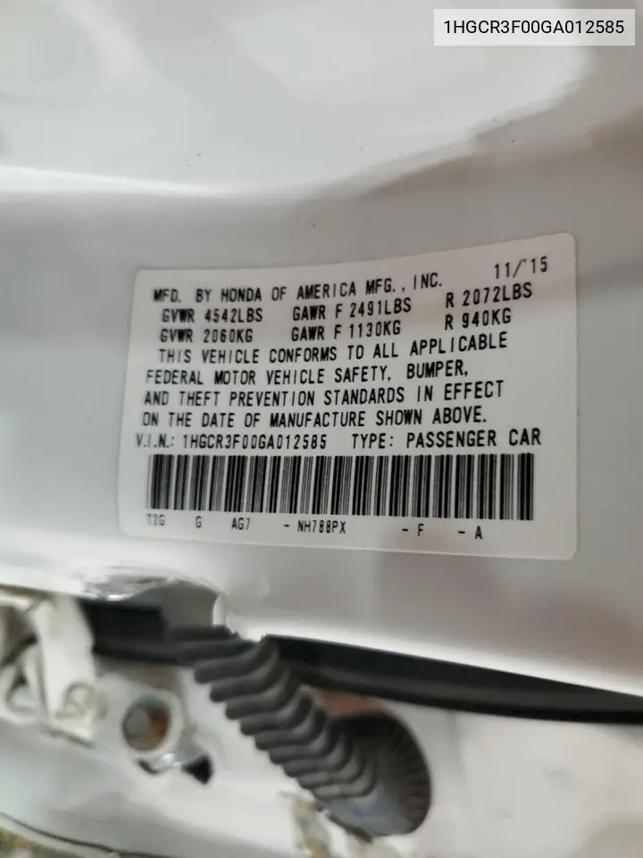 1HGCR3F00GA012585 2016 Honda Accord Exl