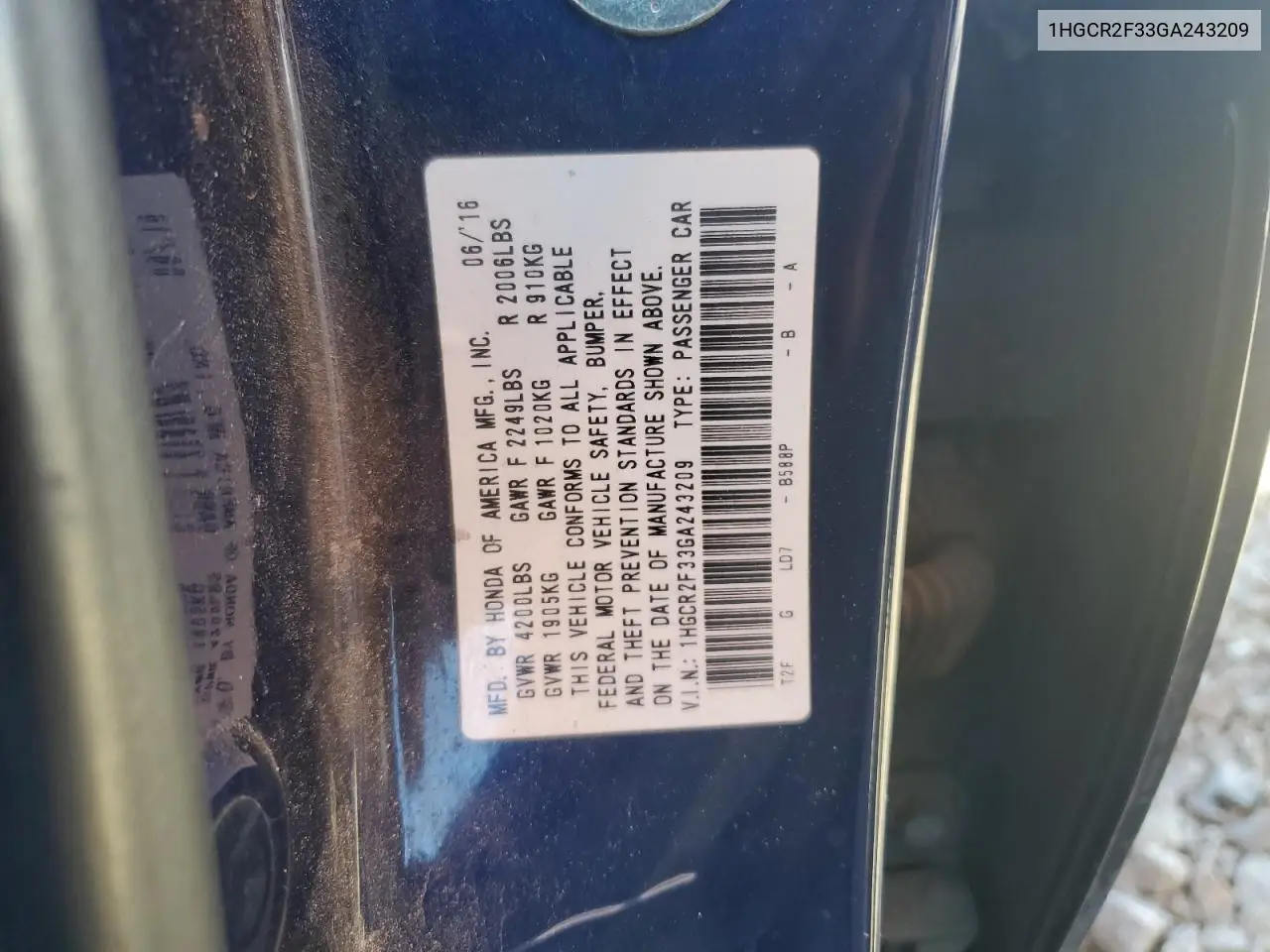 1HGCR2F33GA243209 2016 Honda Accord Lx