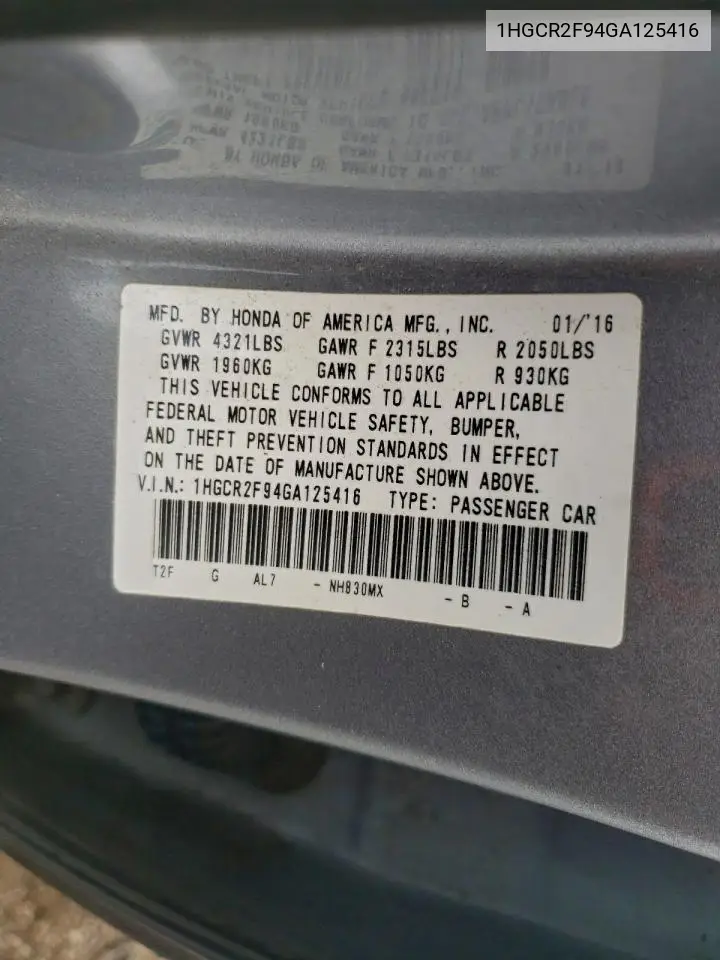 1HGCR2F94GA125416 2016 Honda Accord Exl