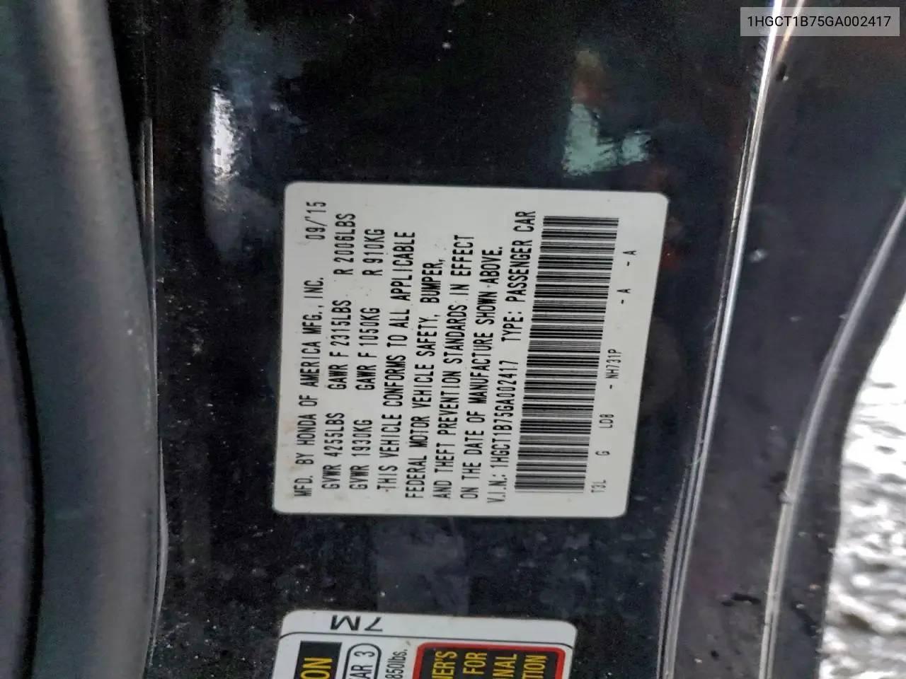 1HGCT1B75GA002417 2016 Honda Accord Ex