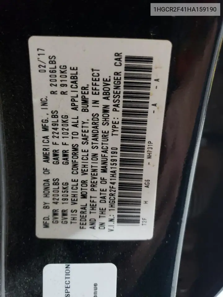 1HGCR2F41HA159190 2017 Honda Accord Lx