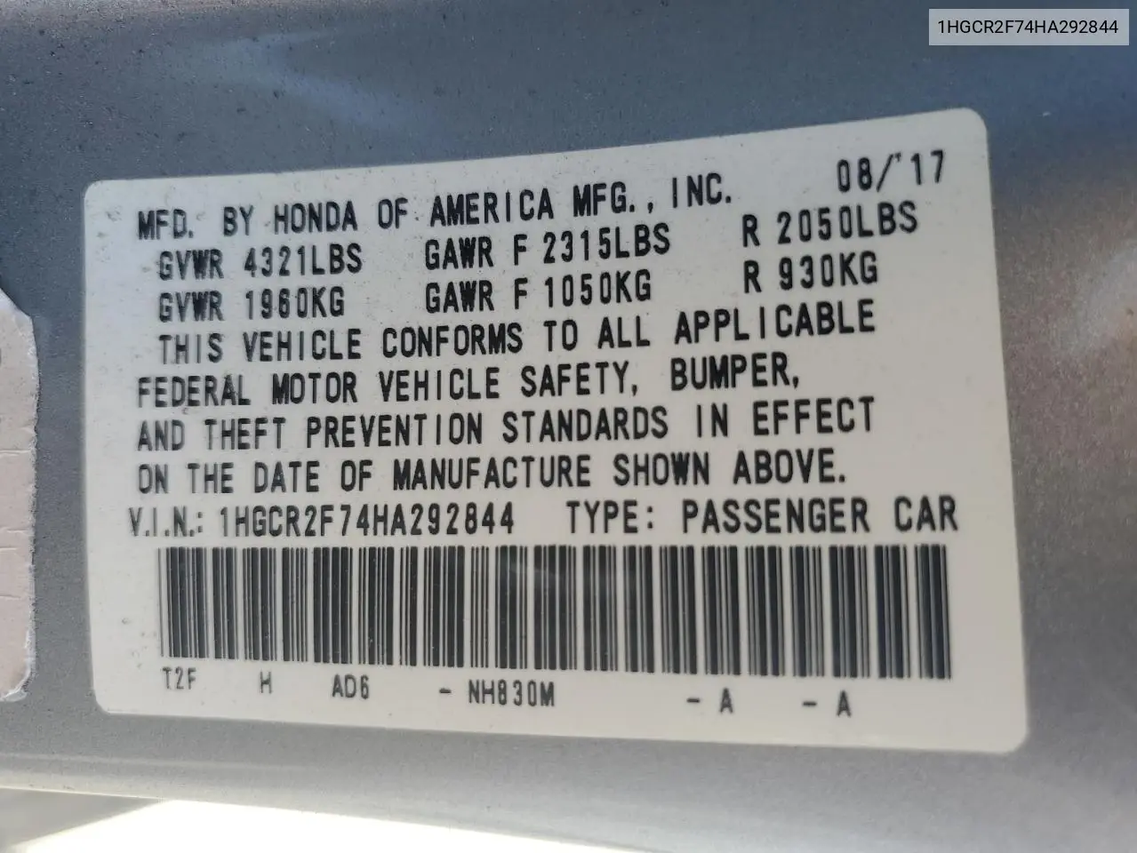 1HGCR2F74HA292844 2017 Honda Accord Ex