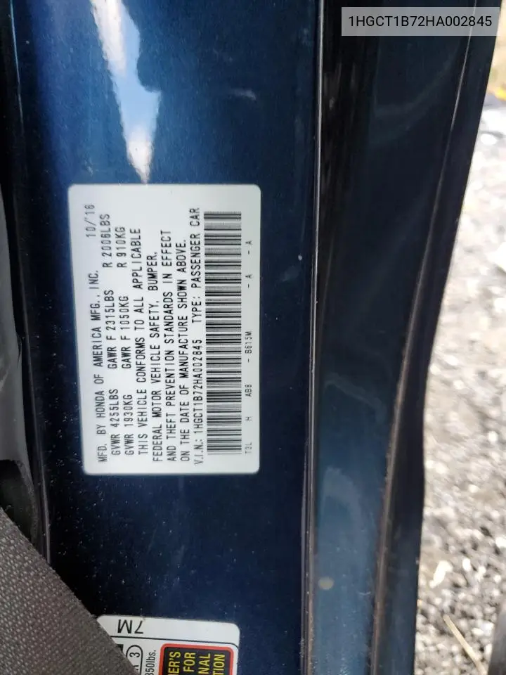 1HGCT1B72HA002845 2017 Honda Accord Ex