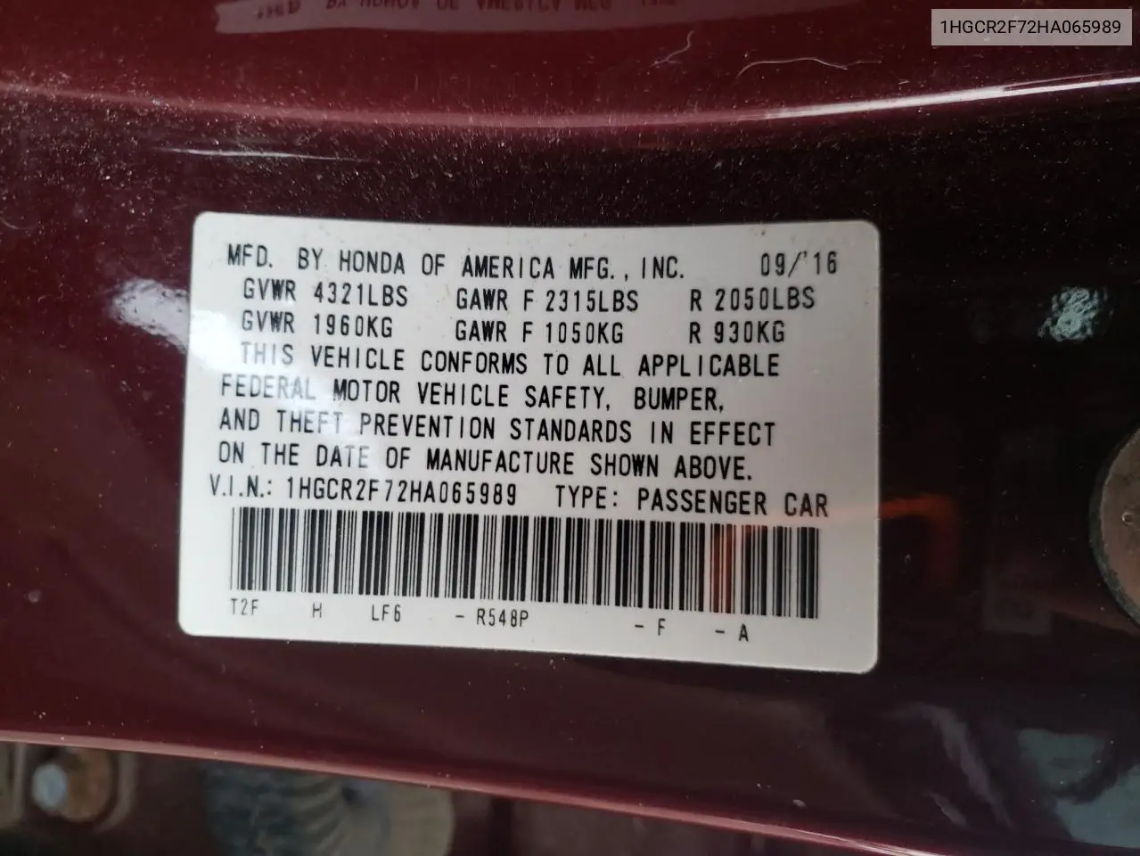 1HGCR2F72HA065989 2017 Honda Accord Ex