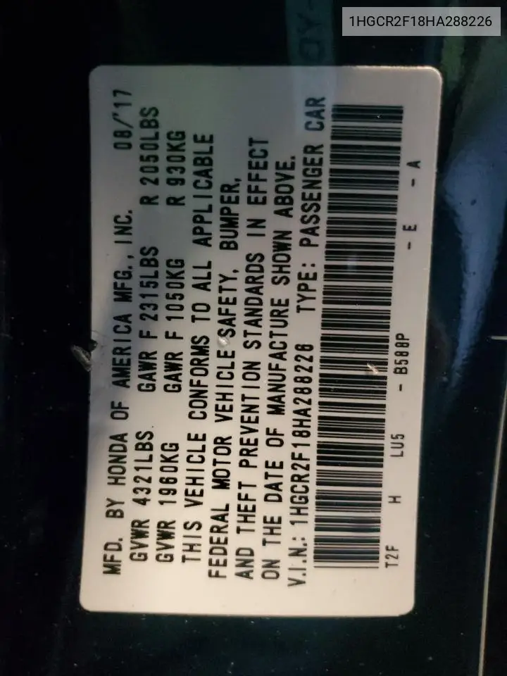 1HGCR2F18HA288226 2017 Honda Accord Sport Special Edition