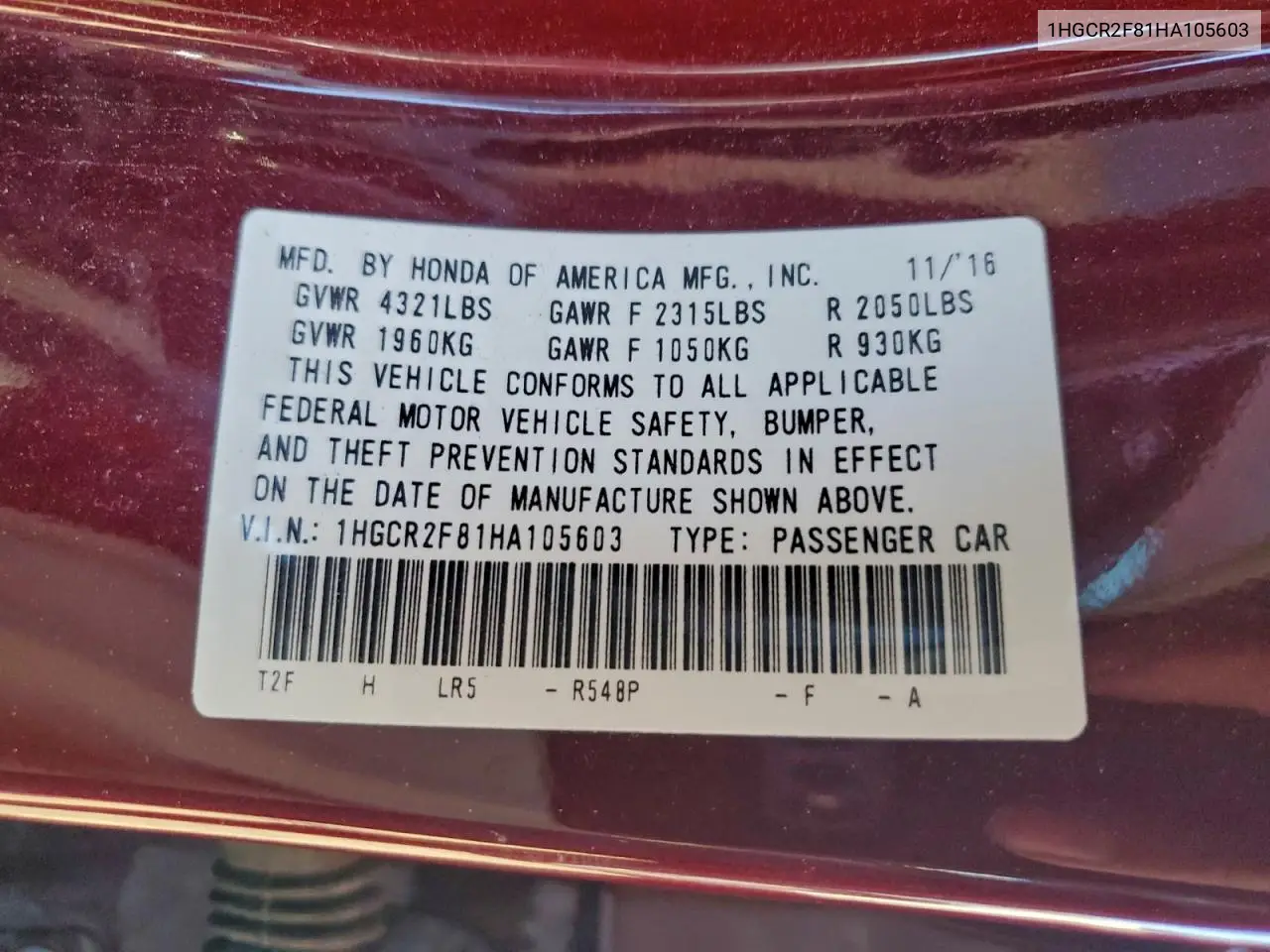 1HGCR2F81HA105603 2017 Honda Accord Exl